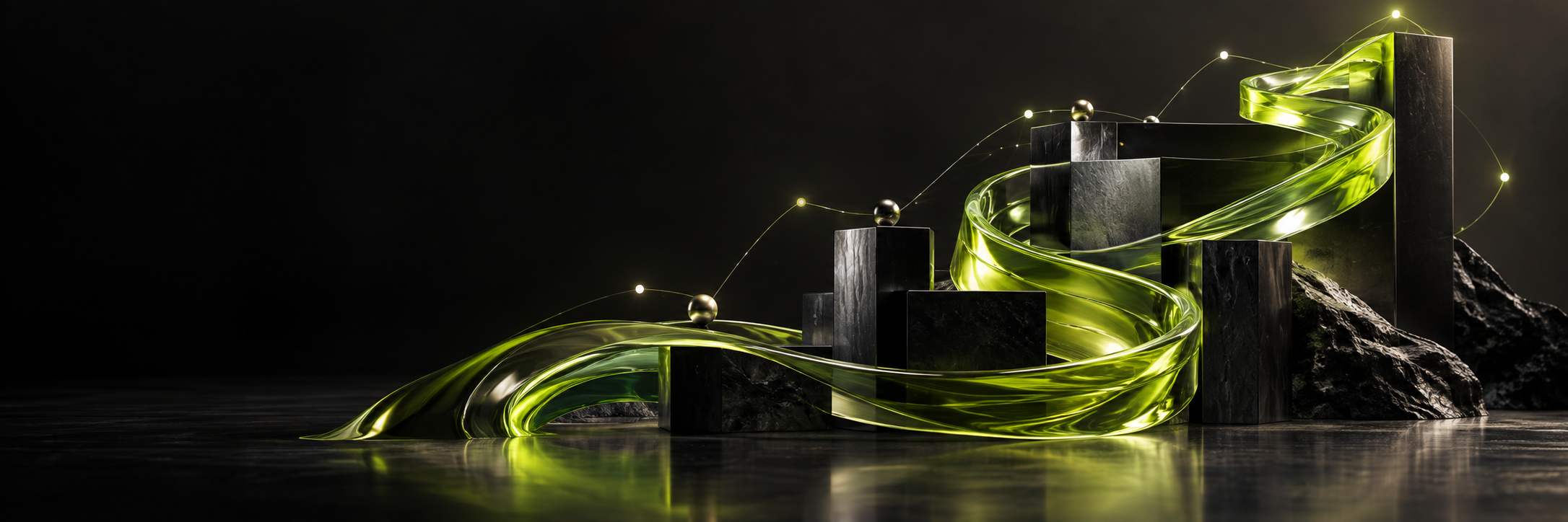 Lime glass growth path connecting sculptural charcoal columns